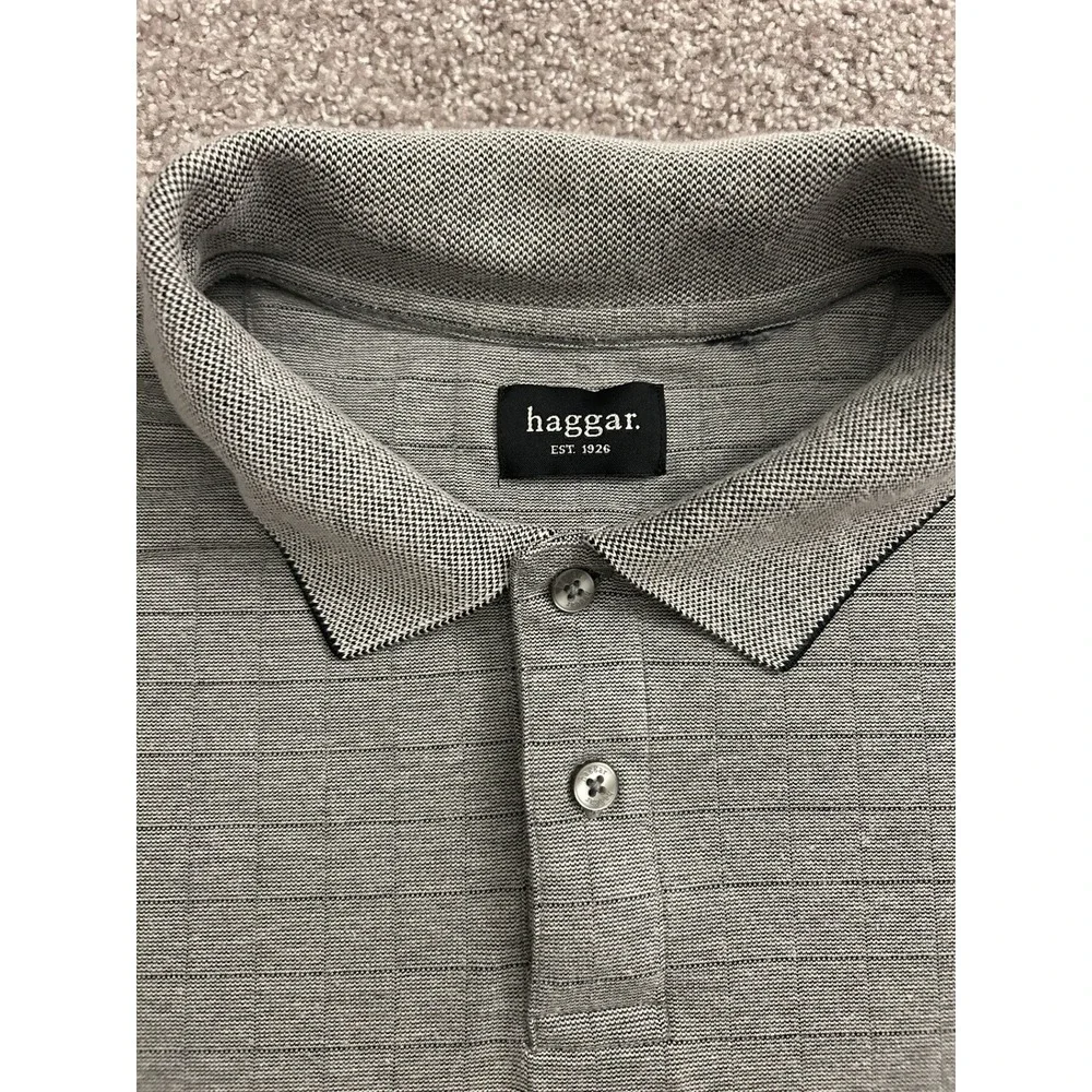 Haggar Polo Shirt Mens XL Grey Excellent Textured‎ Grid Short Sleeve Casual Top
